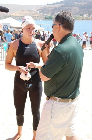 Sam Kendrick interviewing Haley Anderson, 5K National Champion. Photo: Anne Lepesant