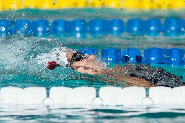 Maya DiRado swims prelims of 200 backstroke 2015 Santa Clara Pro Swim (photo: Mike Lewis, Ola Vista Photography)