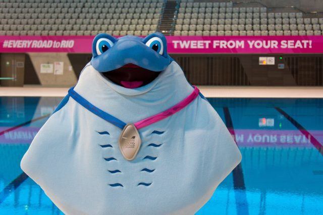 Ray the Ray standing poolside at the London Aquatics Center. Photo courtesy of European Swimming Federation (LEN) Facebook page.