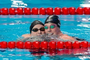 Katie Ledecky (L) and Missy Franklin (R) of USA won Gold and Bronze in women's 200m free on Day 4 of 2015 World Championships (courtesy of Tim Binning, theswimpictures.com)