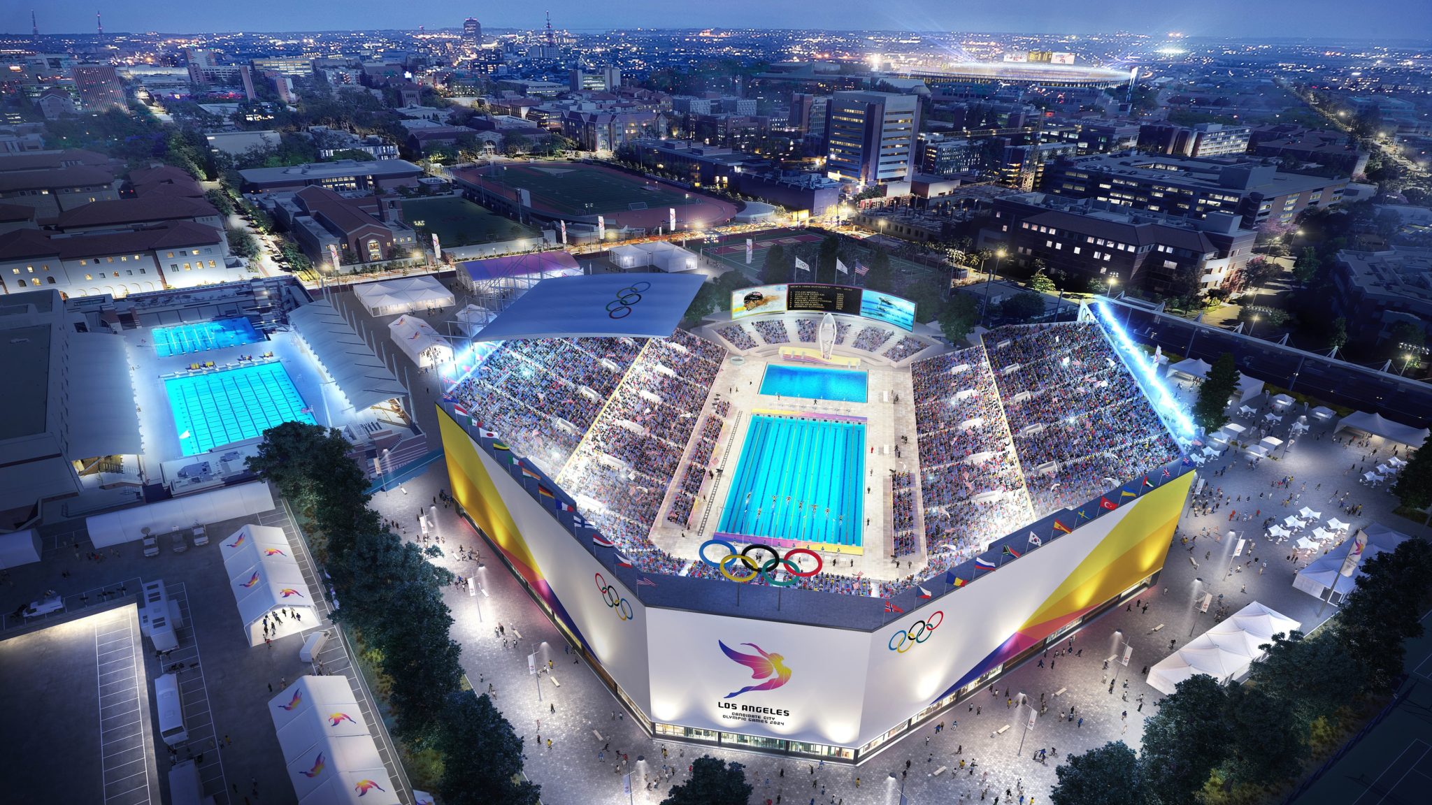 LA 2024 Releases Renderings of Aquatic Center, Coliseum