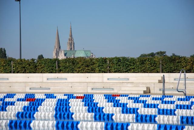 View from the outdoor pool in Chartres France at the Cathedral 