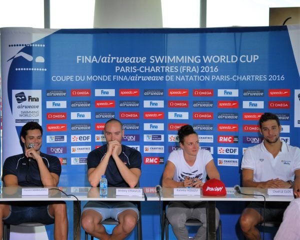Press conference, FINA World Cup 2016, Chartres, Florent Manaudou, Jérémy Stravius, Katinka Hosszu, Chad le Clos, photo: Daniela Kapser 