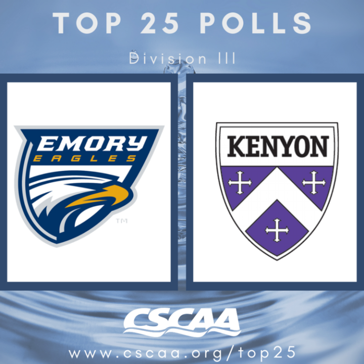 Emory Men, Kenyon Women Sit Atop Latest CSCAA Division III Swim & Dive Polls