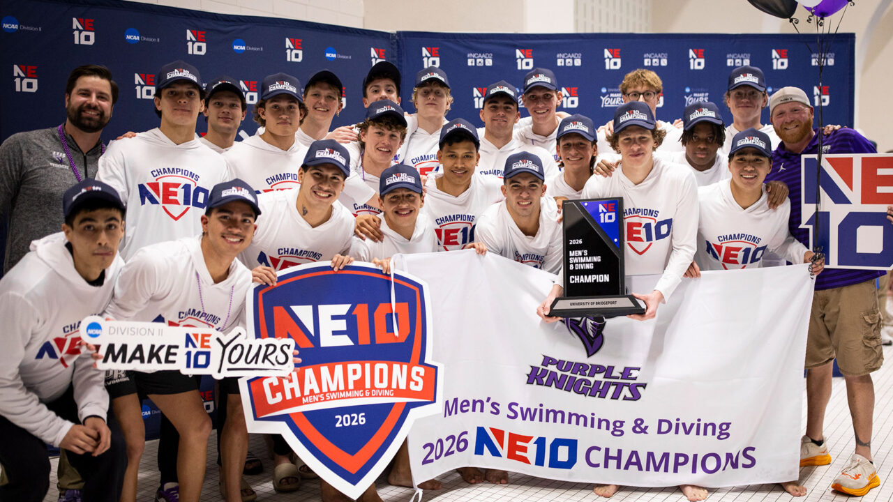 Bridgeport Is Back: Men’s Swim & Dive Team Wins NE10 Title in First Varsity Season Since 2019